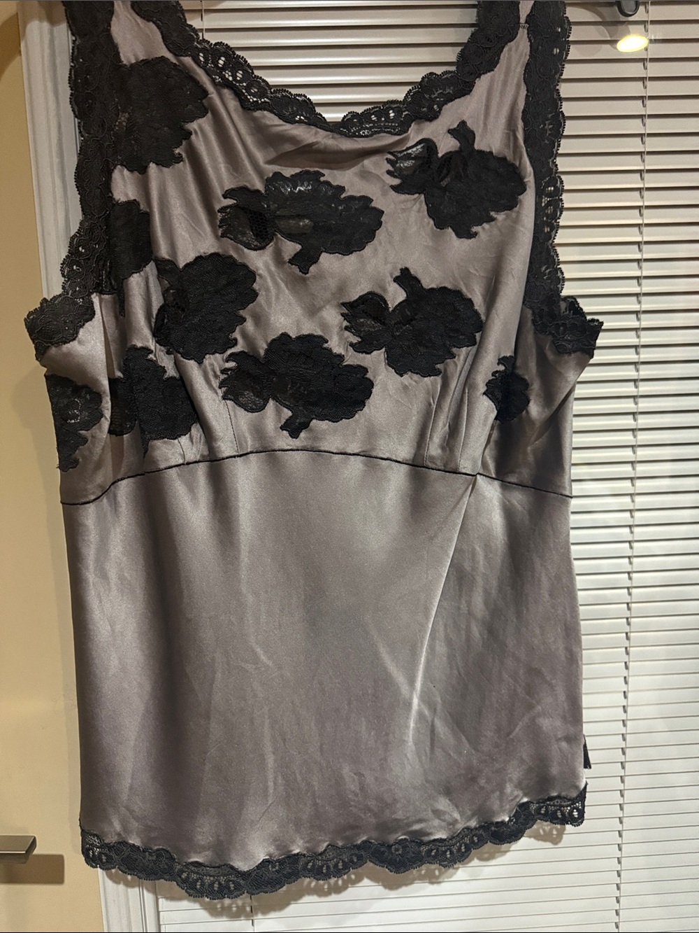 Laundry By Shelli Segal Lavender-Gray Satin Camisole with Black Lace Appliqué